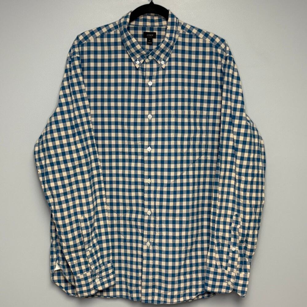 J.Crew Blue Tan Gingham Plaid Cotton Button-Up Casual Dress Shirt Mens Sz‎ XL